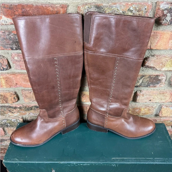 Marc Fisher Shoes - Marc Fisher Boots Womens 8.5 M Galaya Studded Tall Riding Dark Brown Leather Zip